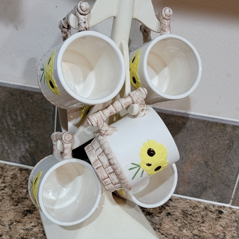 Vintage Daisy Coffee Cup Mug Tree Set Of 6 Home Kitchen Decor Accent - Picture 2 of 16